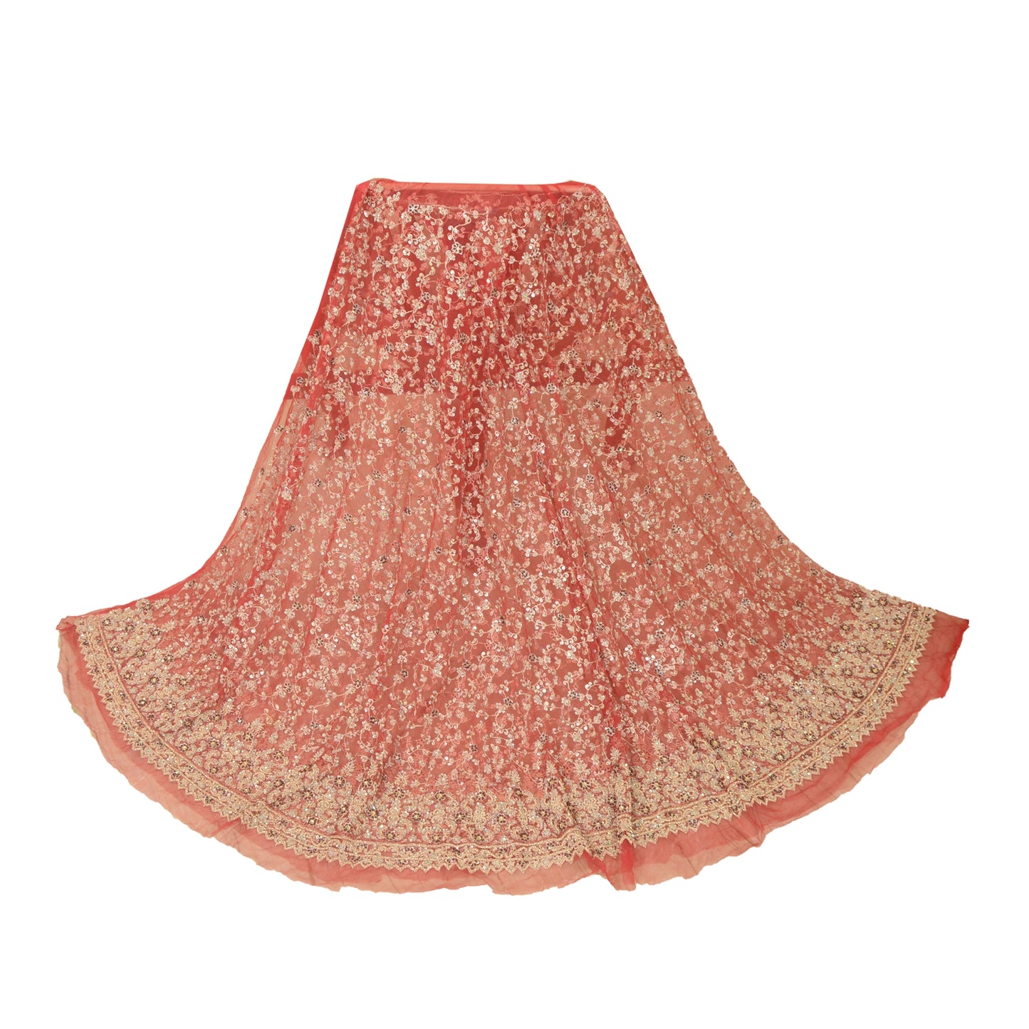 Sanskriti Vintage Red Long Skirt Net Mesh Hand Beaded Unstitched Ethnic Lehenga