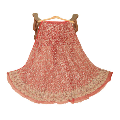 Sanskriti Vintage Red Long Skirt Net Mesh Hand Beaded Unstitched Ethnic Lehenga
