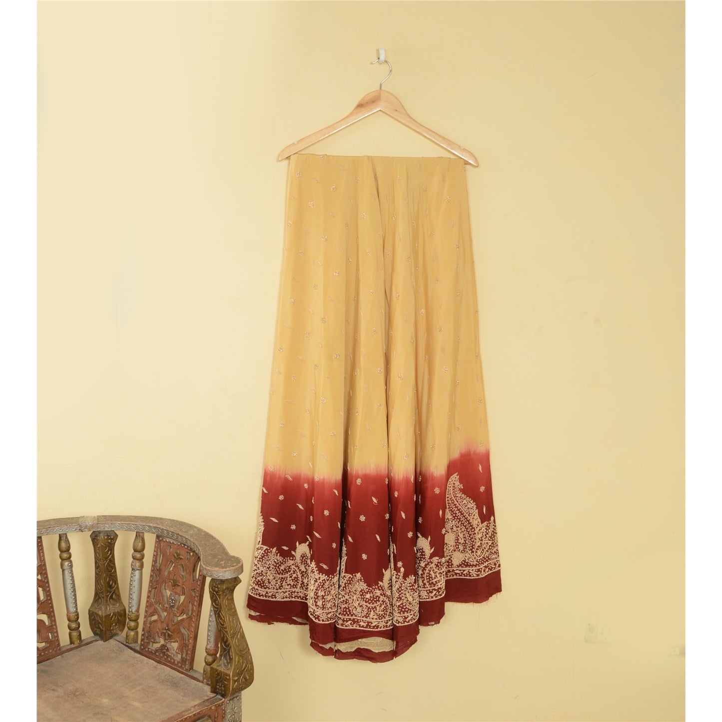 Sanskriti Vintage Cream Long Skirt Pure Silk Hand Beaded Unstitched Lehenga