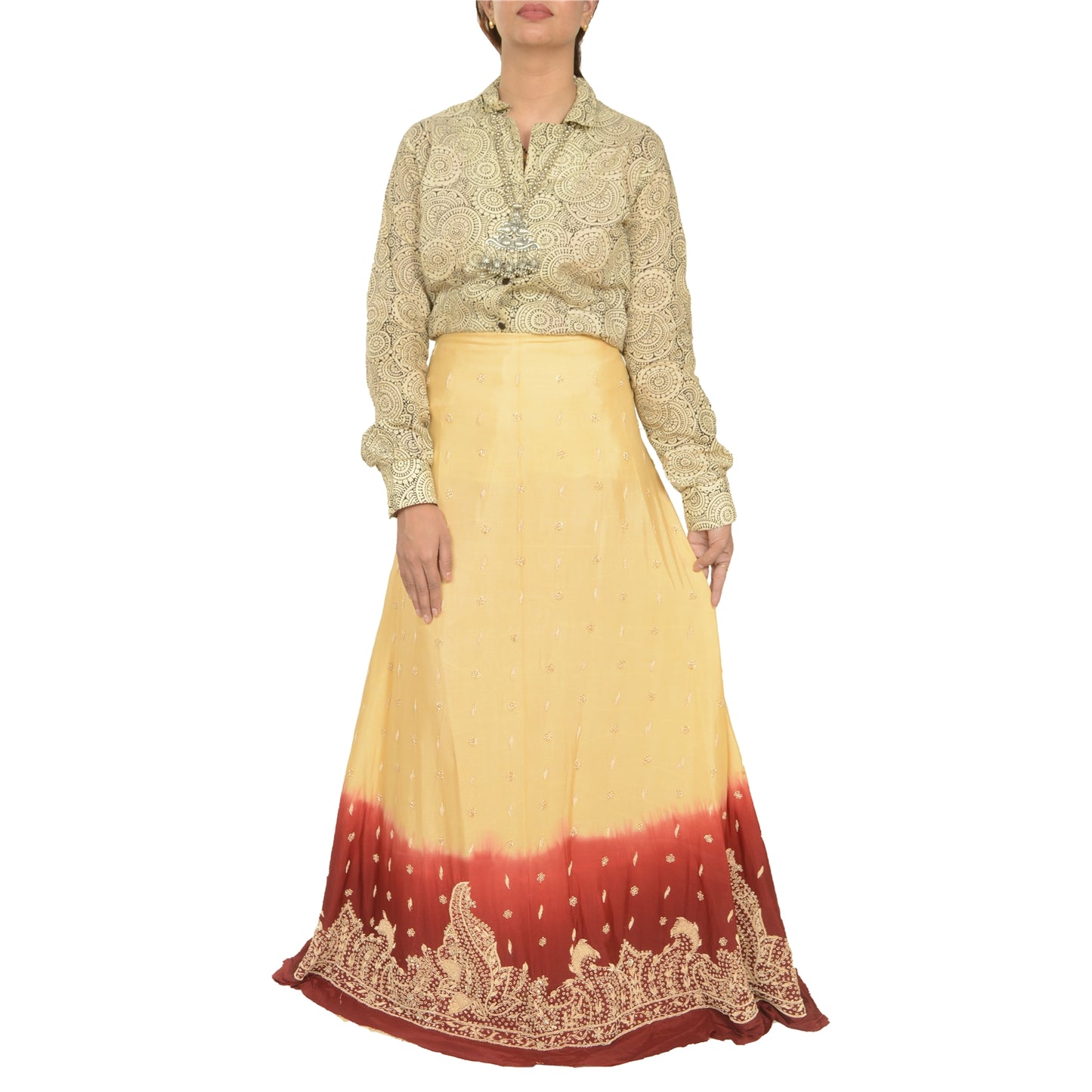 Sanskriti Vintage Cream Long Skirt Pure Silk Hand Beaded Unstitched Lehenga