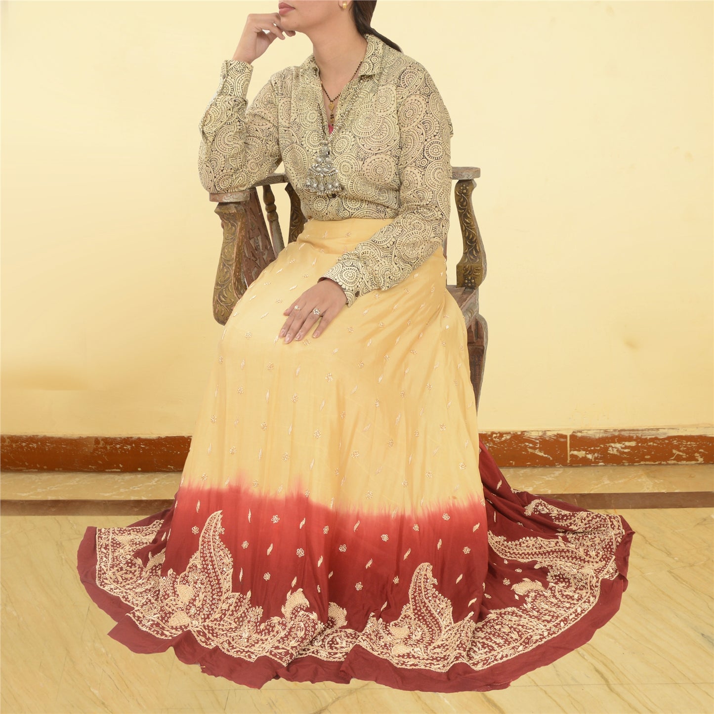 Sanskriti Vintage Cream Long Skirt Pure Silk Hand Beaded Unstitched Lehenga