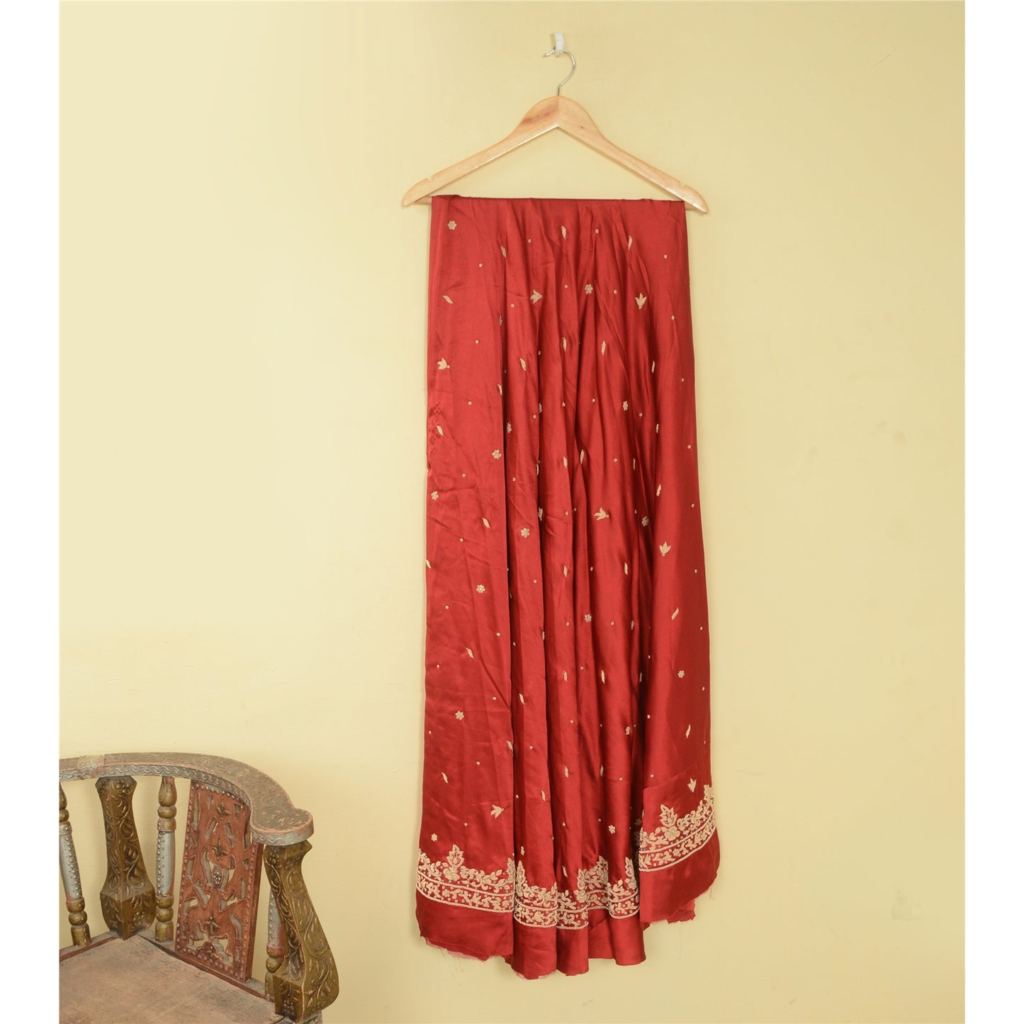 Sanskriti Vintage Red 100% Pure Satin Silk Long Skirt Unstitched Hand Beaded Zardozi