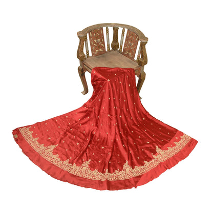Sanskriti Vintage Red 100% Pure Satin Silk Long Skirt Unstitched Hand Beaded Zardozi