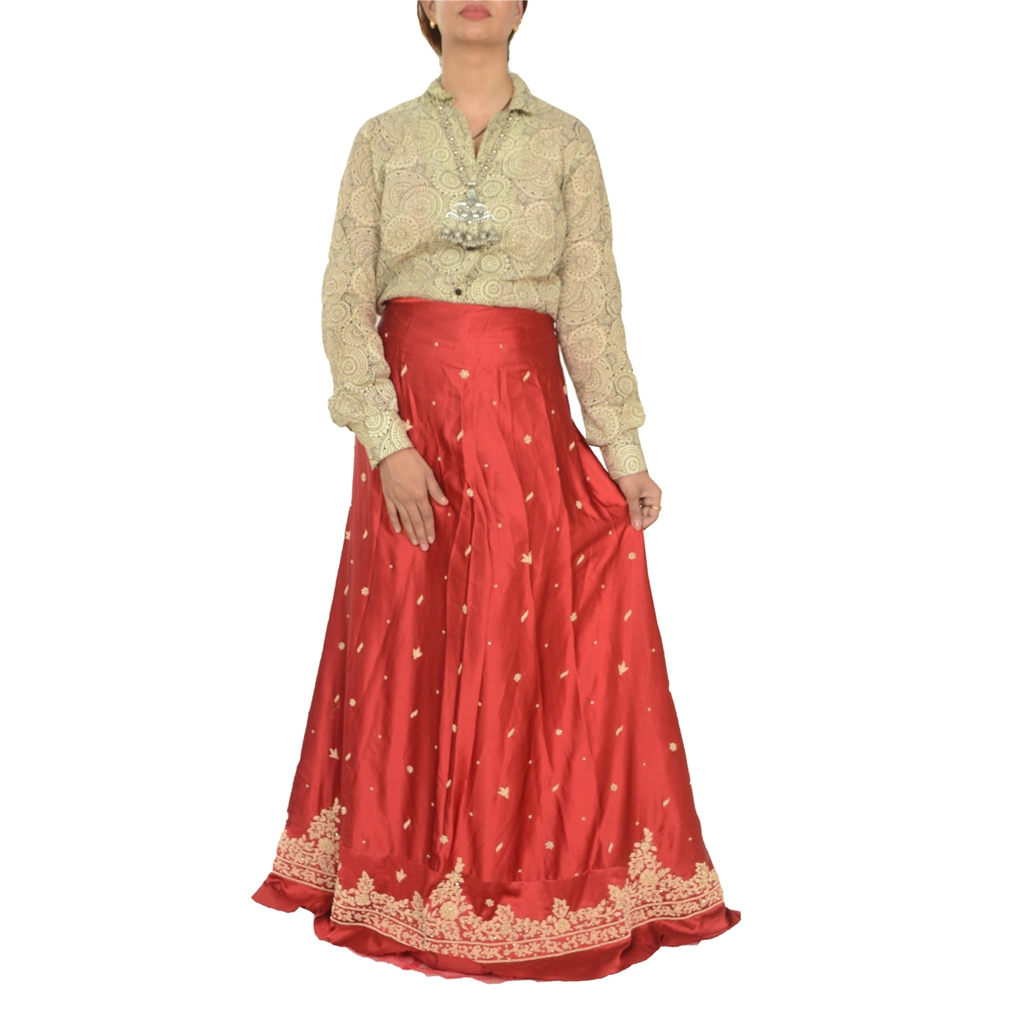 Sanskriti Vintage Red 100% Pure Satin Silk Long Skirt Unstitched Hand Beaded Zardozi