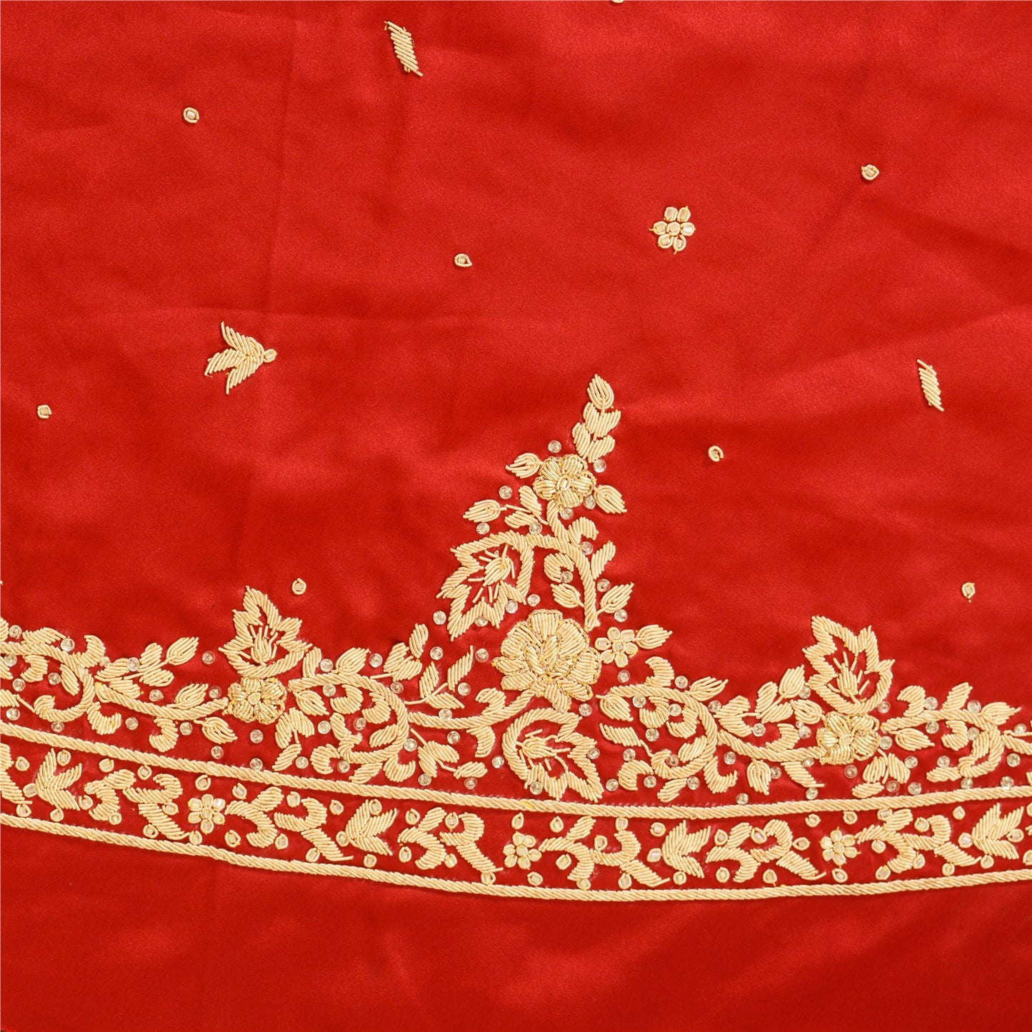 Sanskriti Vintage Red 100% Pure Satin Silk Long Skirt Unstitched Hand Beaded Zardozi