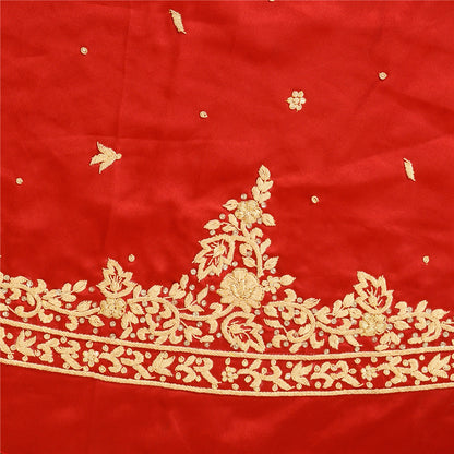 Sanskriti Vintage Red 100% Pure Satin Silk Long Skirt Unstitched Hand Beaded Zardozi