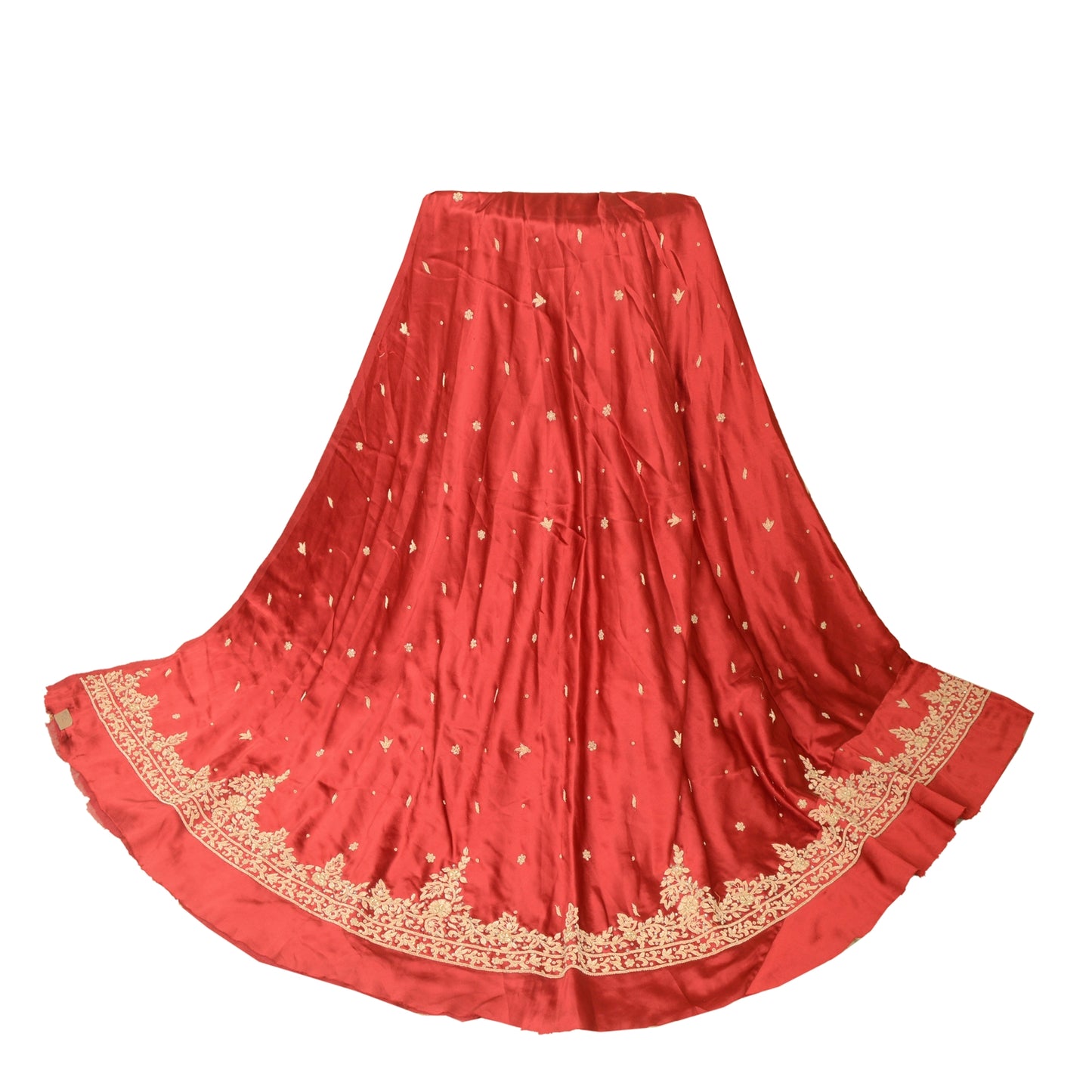 Sanskriti Vintage Red 100% Pure Satin Silk Long Skirt Unstitched Hand Beaded Zardozi