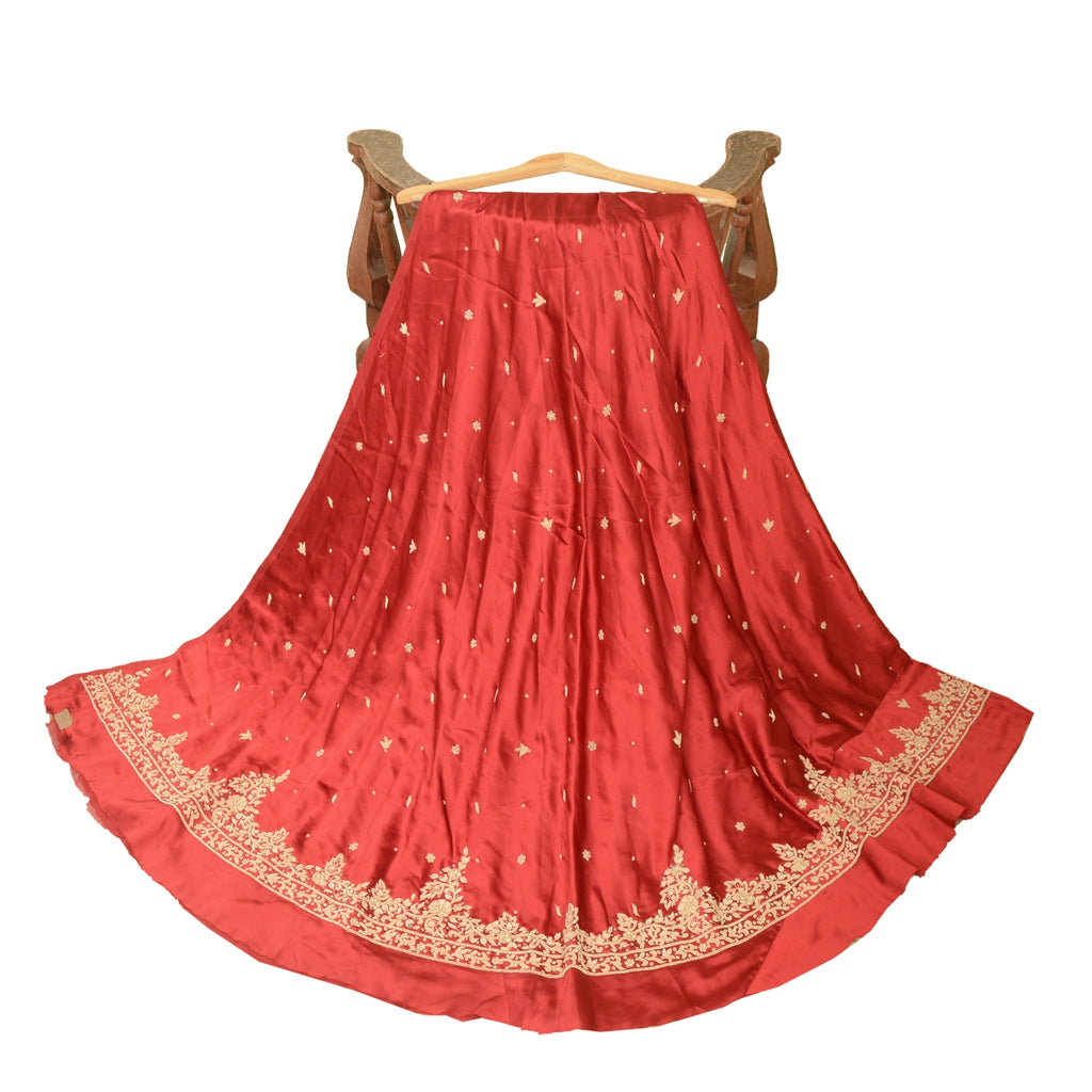 Sanskriti Vintage Red 100% Pure Satin Silk Long Skirt Unstitched Hand Beaded Zardozi