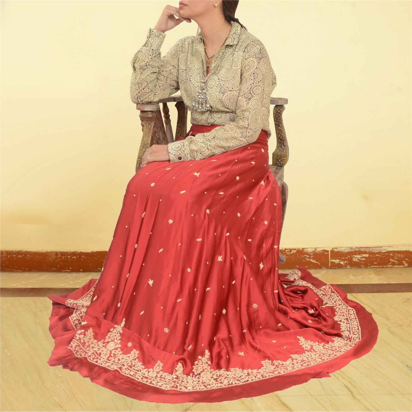 Sanskriti Vintage Red 100% Pure Satin Silk Long Skirt Unstitched Hand Beaded Zardozi