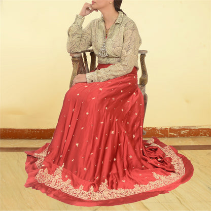 Sanskriti Vintage Red 100% Pure Satin Silk Long Skirt Unstitched Hand Beaded Zardozi