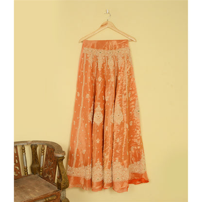 Sanskriti Vintage Orange Pure Tissue Silk Long Skirt Unstitched Hand Beaded Zari