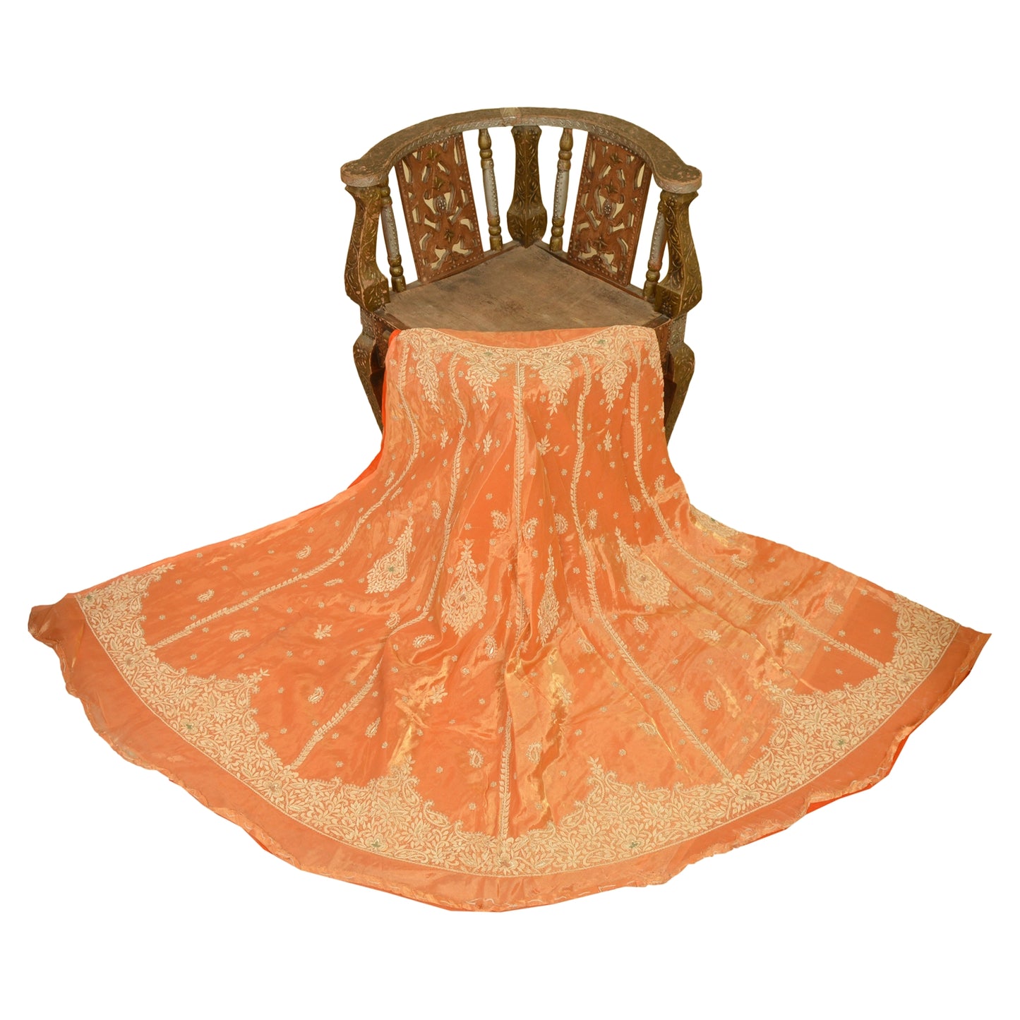 Sanskriti Vintage Orange Pure Tissue Silk Long Skirt Unstitched Hand Beaded Zari