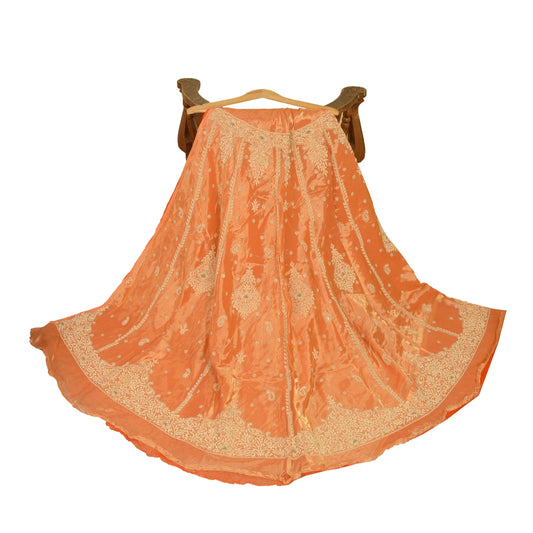 Sanskriti Vintage Orange Pure Tissue Silk Long Skirt Unstitched Hand Beaded Zari