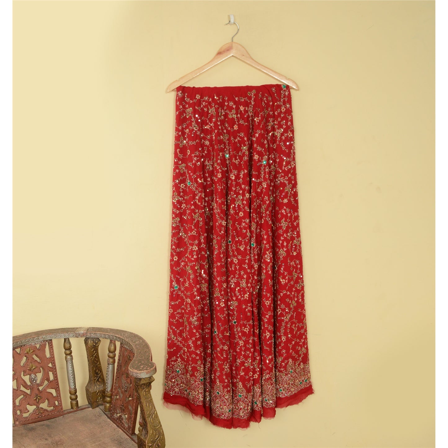 Sanskriti Vintage Red 100% Pure Georgette Silk Long Skirt Handmade Unstitched Wedding Ocassion
