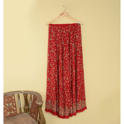 Sanskriti Vintage Red 100% Pure Georgette Silk Long Skirt Handmade Unstitched Wedding Ocassion