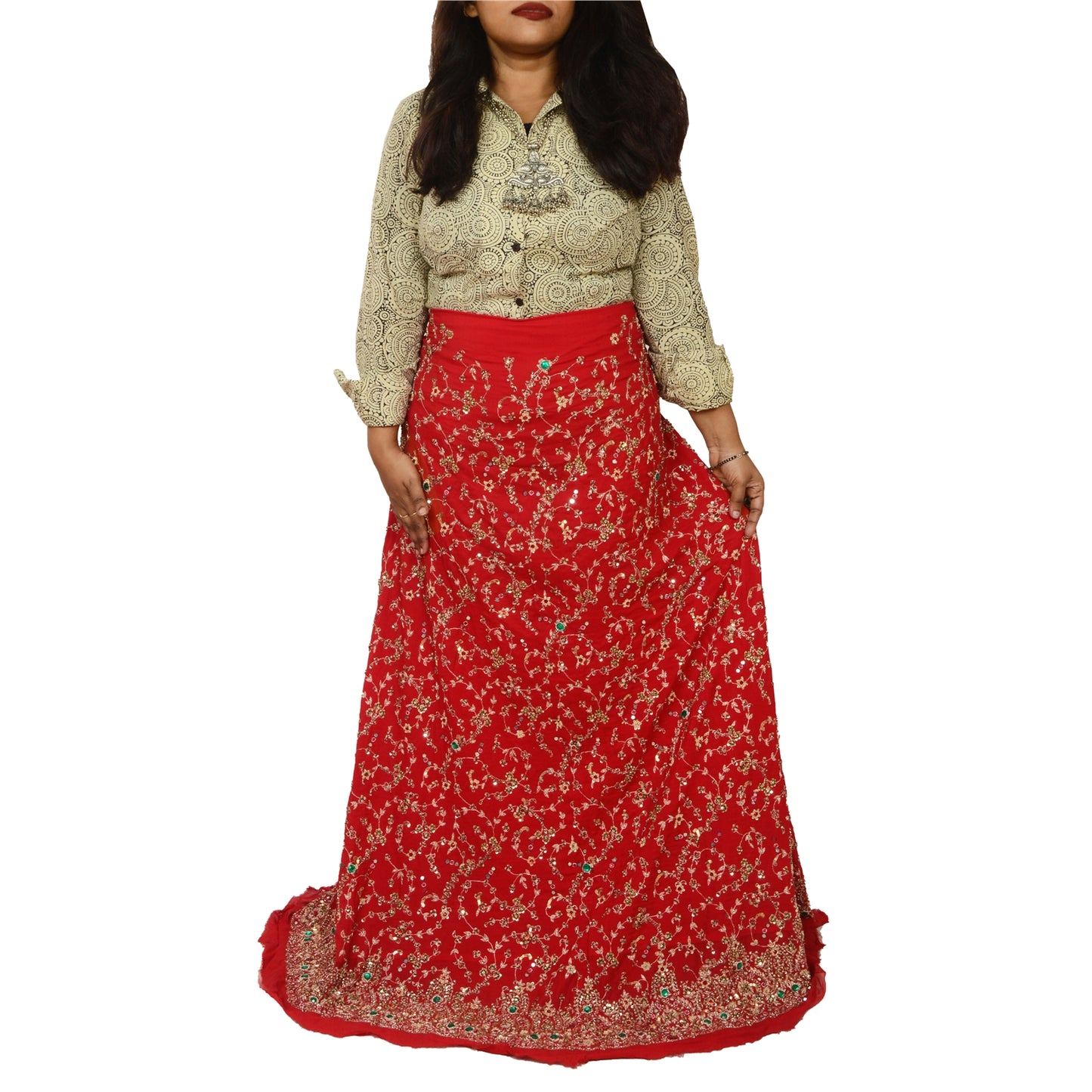 Sanskriti Vintage Red 100% Pure Georgette Silk Long Skirt Handmade Unstitched Wedding Ocassion