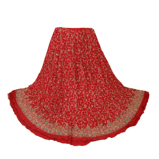 Sanskriti Vintage Red Long Skirt Pure Georgette Silk Handmade Unstitched Lehenga