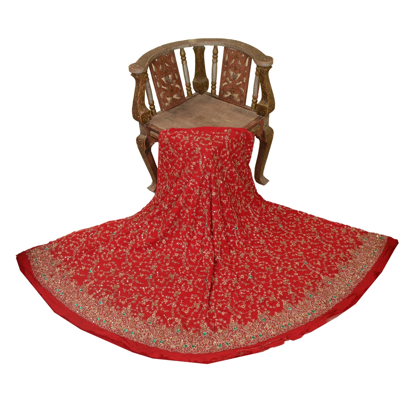 Sanskriti Vintage Red 100% Pure Georgette Silk Long Skirt Handmade Unstitched Wedding Ocassion