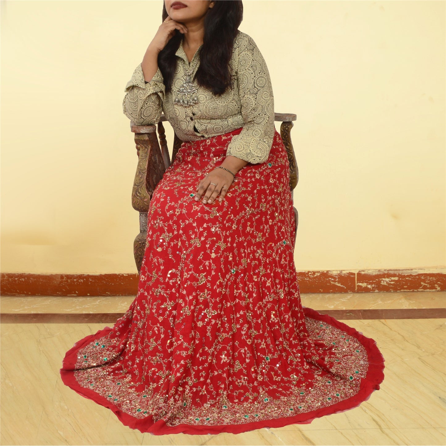 Sanskriti Vintage Red 100% Pure Georgette Silk Long Skirt Handmade Unstitched Wedding Ocassion