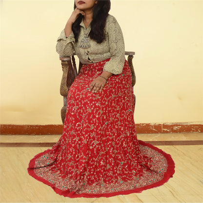 Sanskriti Vintage Red 100% Pure Georgette Silk Long Skirt Handmade Unstitched Wedding Ocassion