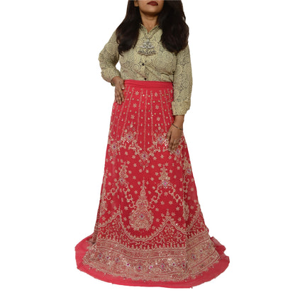Sanskriti Vintage Pink Long Skirt Pure Georgette Silk Unstitched Handmade Zardoz