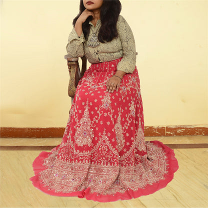 Sanskriti Vintage Pink Long Skirt Pure Georgette Silk Unstitched Handmade Zardoz