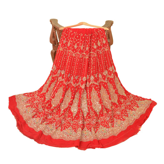 Sanskriti Vintage Red Long Skirt Pure Georgette Silk Handmade Unstitched Lehenga