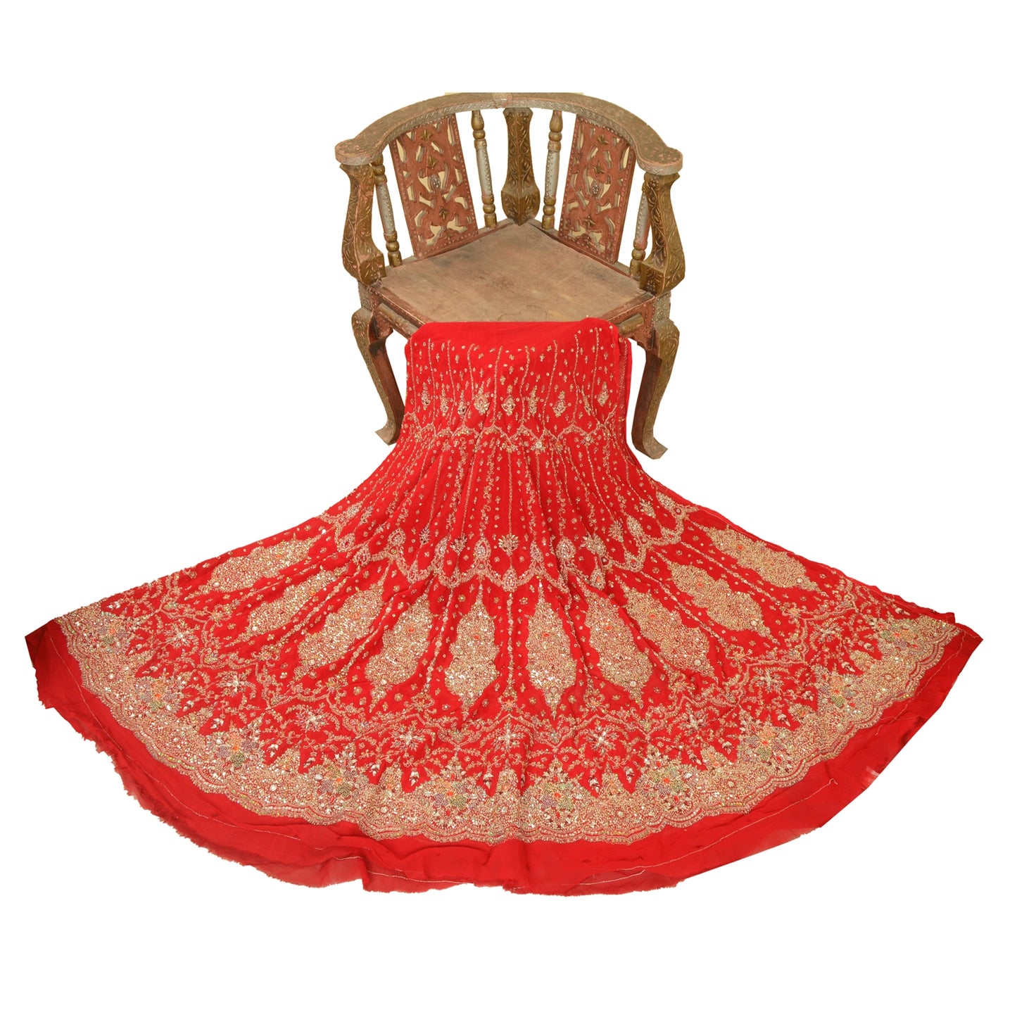 Sanskriti Vintage Red Long Skirt Pure Georgette Silk Handmade Unstitched Lehenga