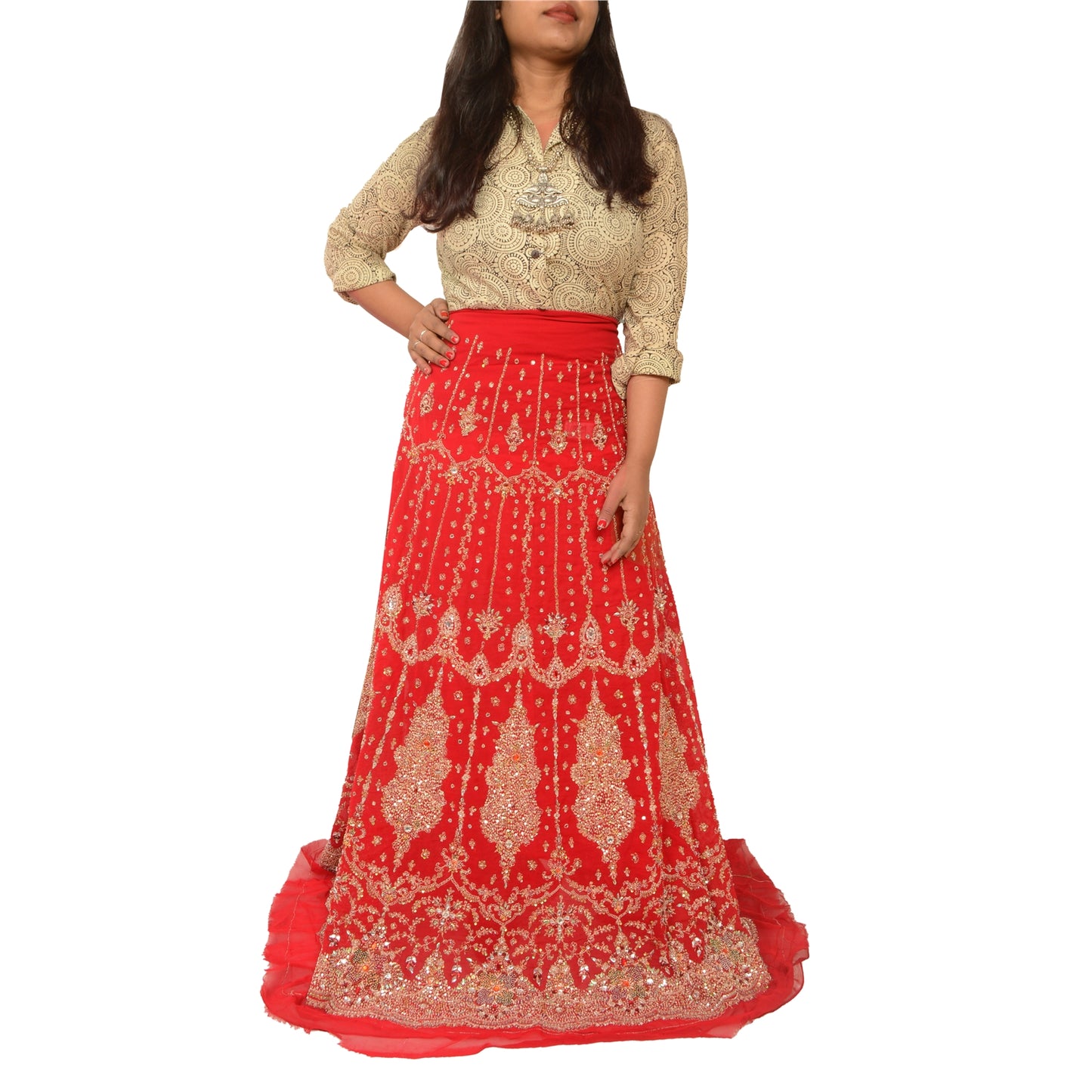 Sanskriti Vintage Red 100% Pure Georgette Silk Long Skirt Unstitched Handmade Sequins Zari Dabka
