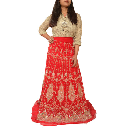 Sanskriti Vintage Red 100% Pure Georgette Silk Long Skirt Unstitched Handmade Sequins Zari Dabka