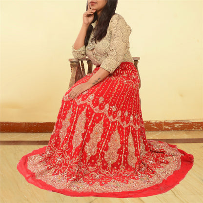 Sanskriti Vintage Red Long Skirt Pure Georgette Silk Handmade Unstitched Lehenga