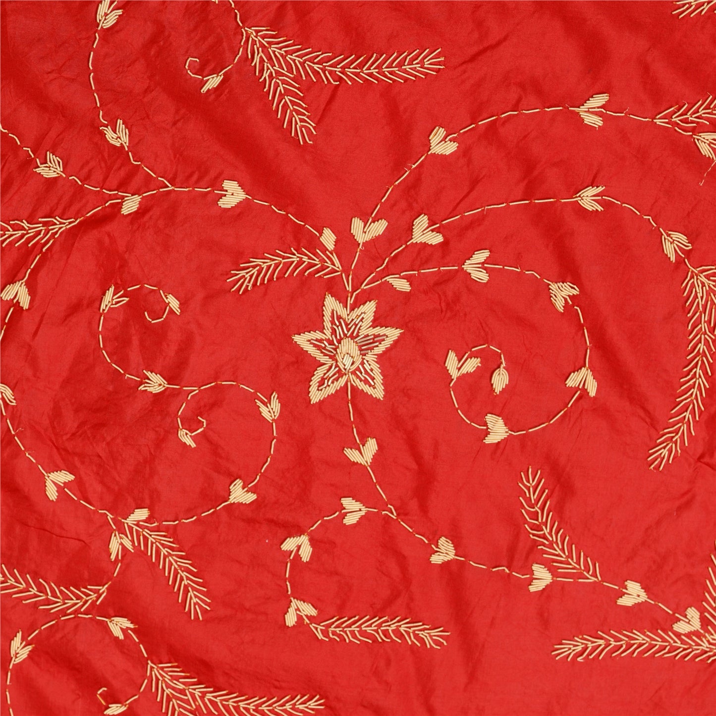 Sanskriti vintage Red Long Skirt 100% Pure Silk Hand Beaded Unstitched Lehenga