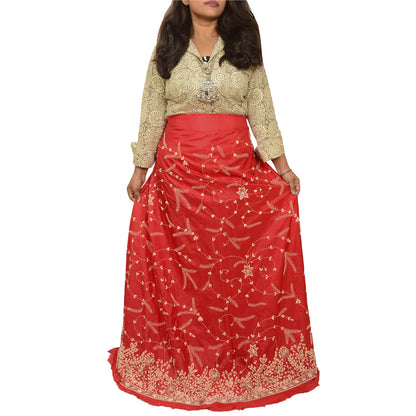 Sanskriti vintage Red Long Skirt 100% Pure Silk Hand Beaded Unstitched Lehenga
