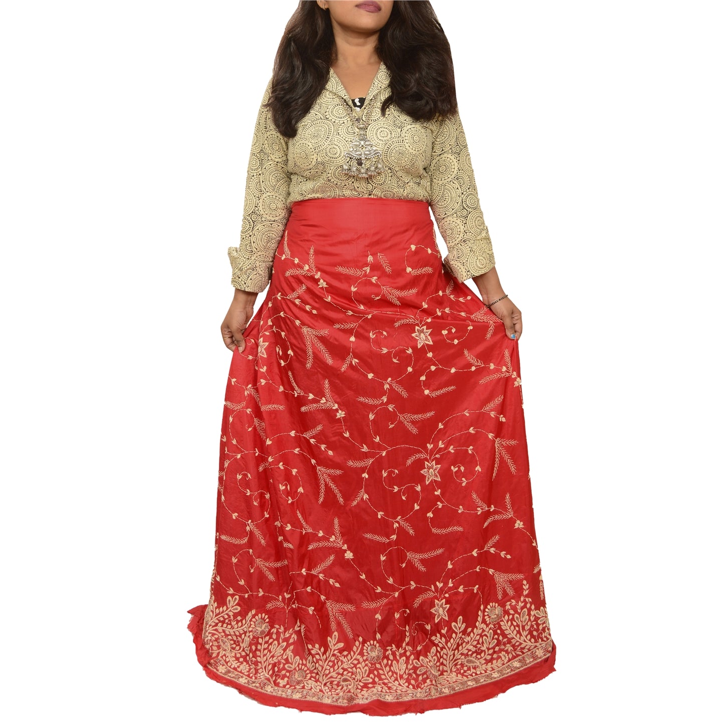 Sanskriti vintage Red Long Skirt 100% Pure Silk Hand Beaded Unstitched Lehenga