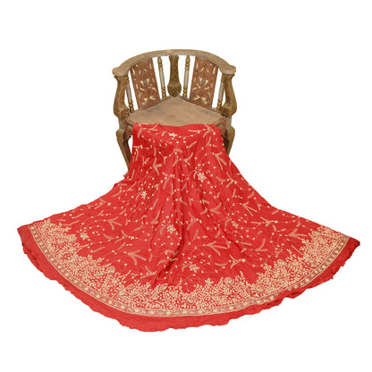 Sanskriti vintage Red Long Skirt 100% Pure Silk Hand Beaded Unstitched Lehenga