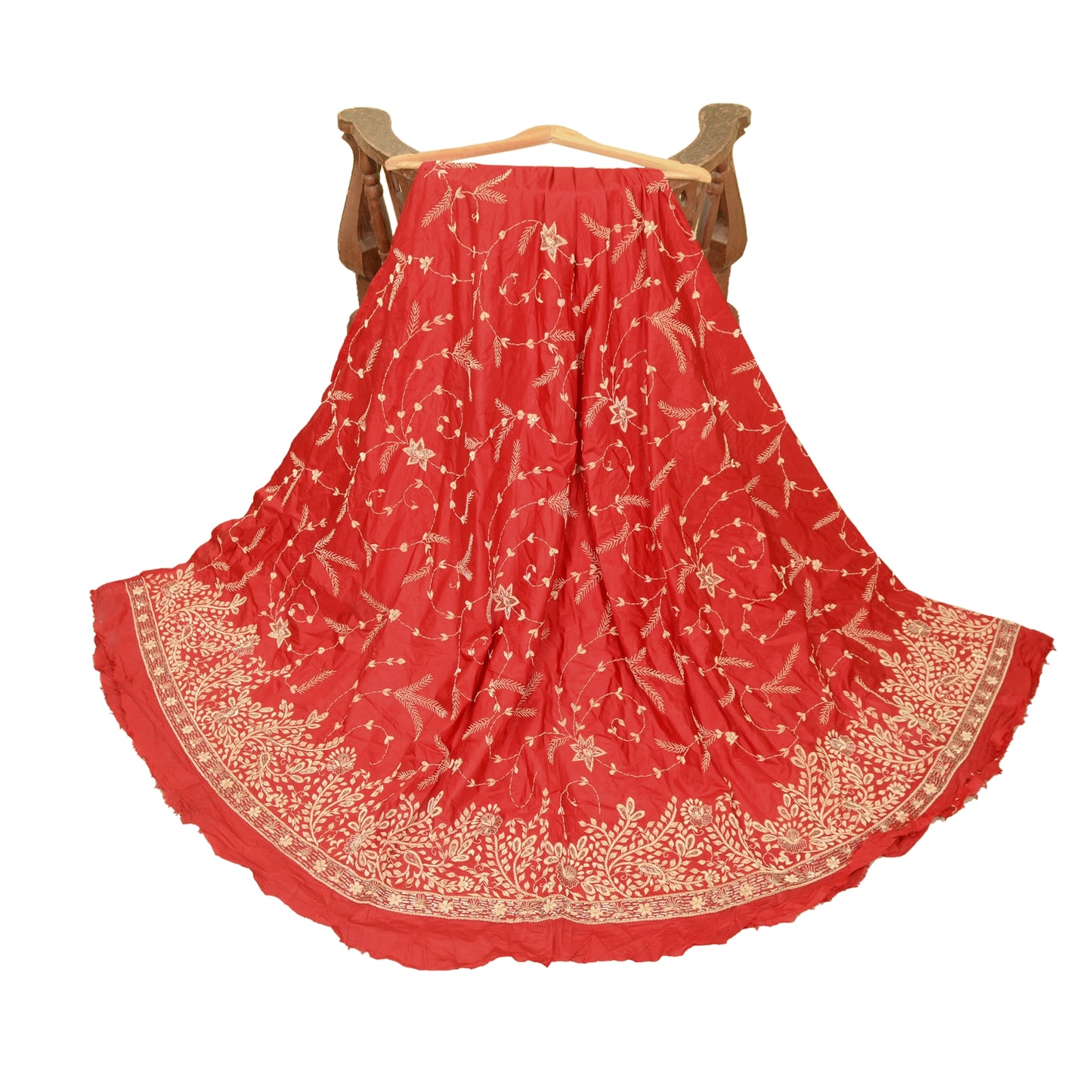 Sanskriti vintage Red Long Skirt 100% Pure Silk Hand Beaded Unstitched Lehenga