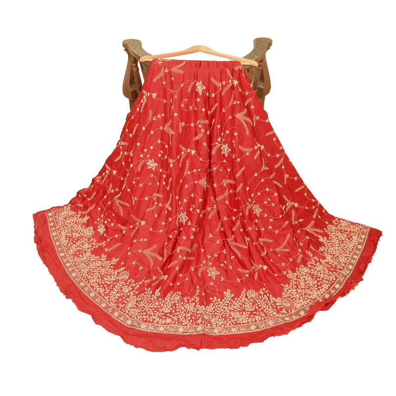 Sanskriti Vintage Red 100% Pure Silk Long Skirt Unstitched Hand Beaded Zardozi
