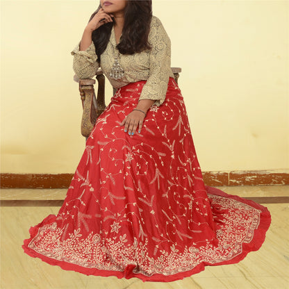 Sanskriti vintage Red Long Skirt 100% Pure Silk Hand Beaded Unstitched Lehenga