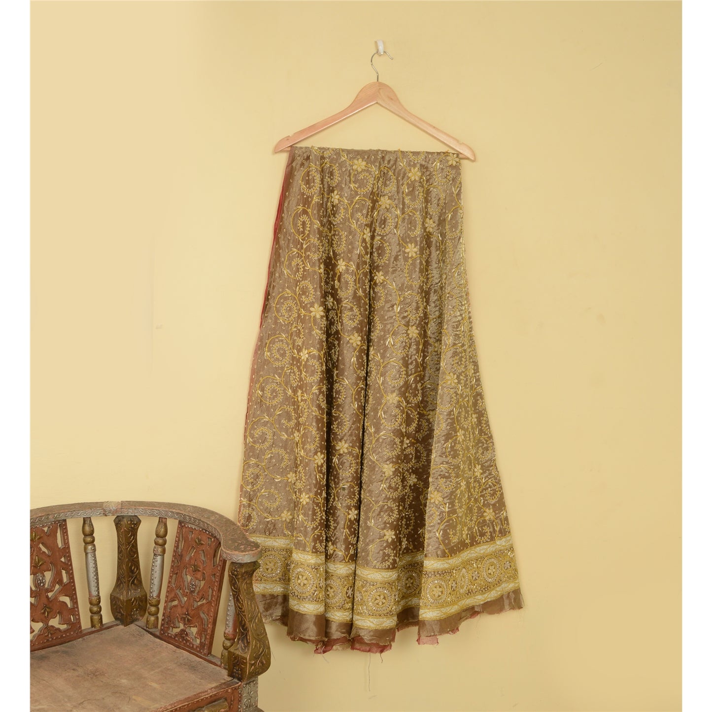 Sanskriti Vintage Long Skirt 100% Pure Tissue Silk Handmade Unstitched Lehenga