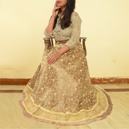 Sanskriti Vintage Long Skirt 100% Pure Tissue Silk Handmade Unstitched Lehenga