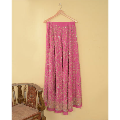 Sanskriti Vintage Pink Long Skirt Pure Silk Hand Beaded Zardozi Unstitch Lehenga
