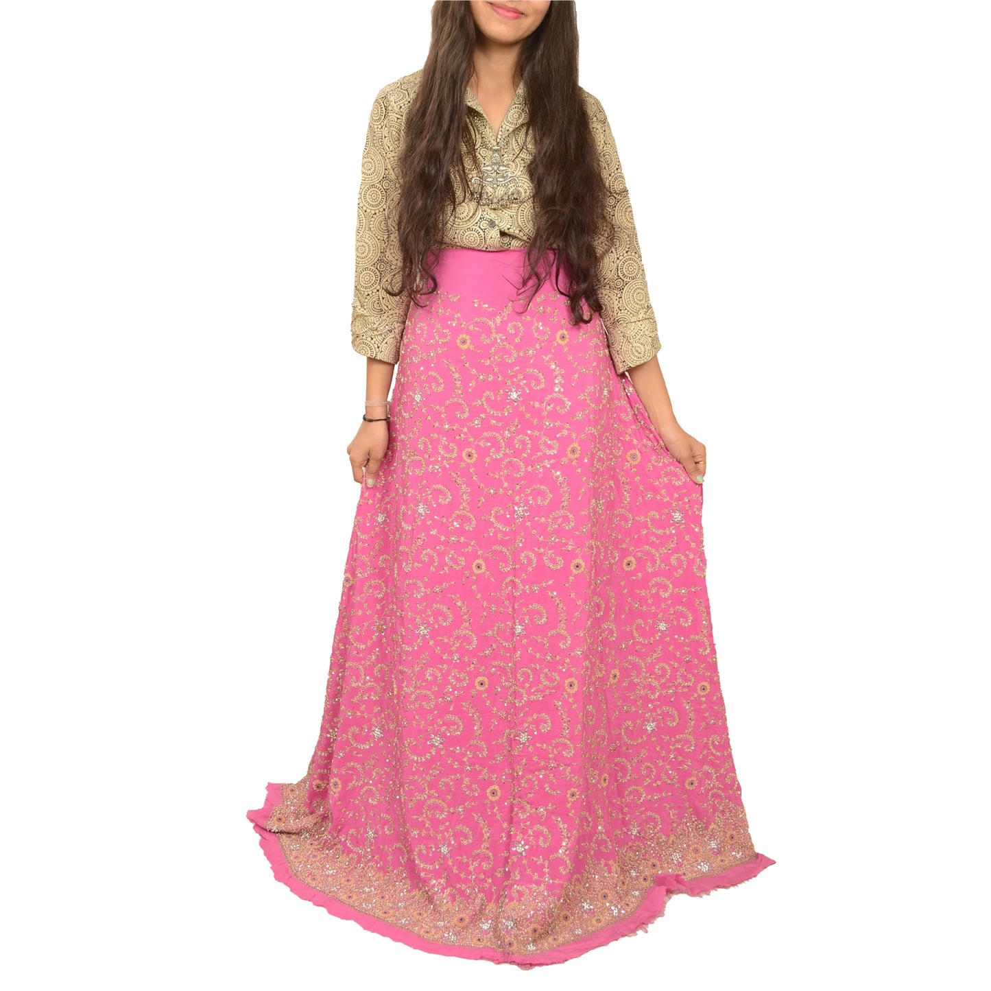 Sanskriti Vintage Pink Long Skirt Pure Silk Hand Beaded Zardozi Unstitch Lehenga