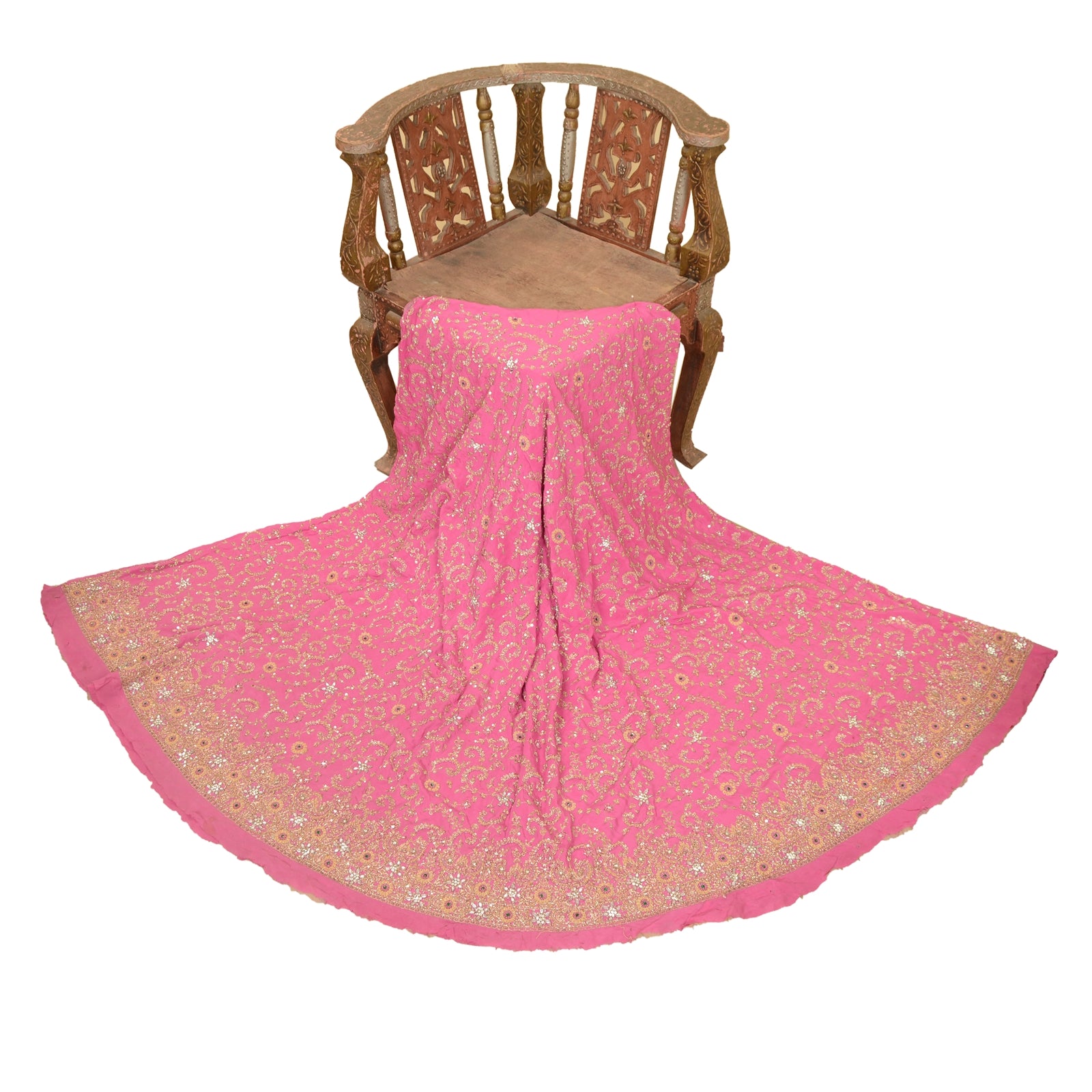 Sanskriti Vintage Pink Long Skirt Pure Silk Hand Beaded Zardozi Unstitch Lehenga