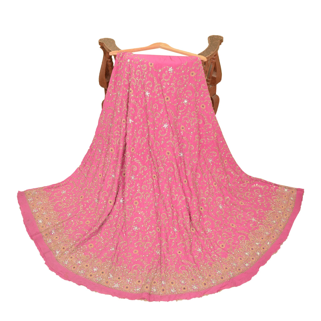 Sanskriti Vintage Pink Long Skirt Pure Silk Hand Beaded Zardozi Unstitch Lehenga
