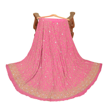 Sanskriti Vintage Pink Long Skirt Pure Silk Hand Beaded Zardozi Unstitch Lehenga