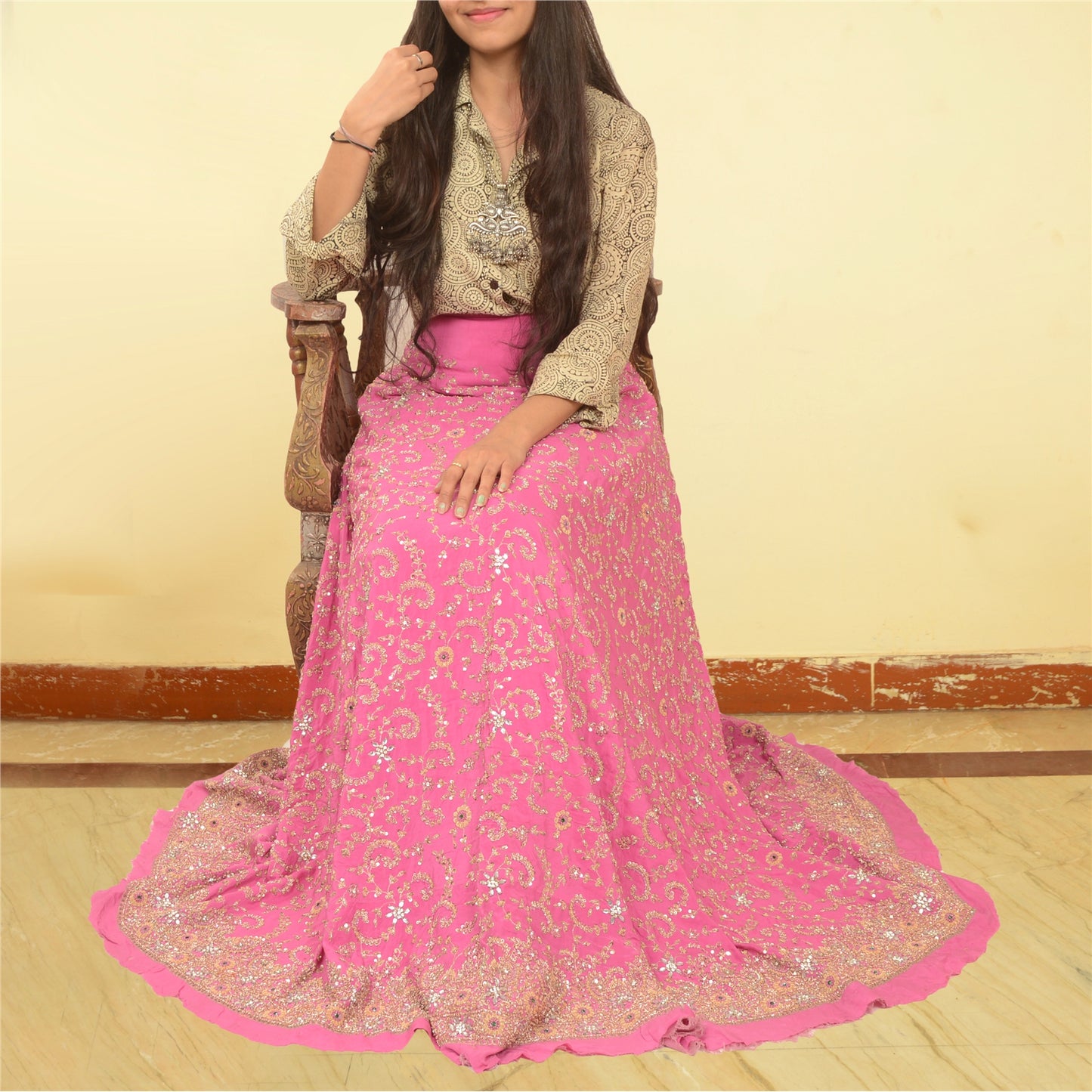 Sanskriti Vintage Pink Long Skirt Pure Silk Hand Beaded Zardozi Unstitch Lehenga