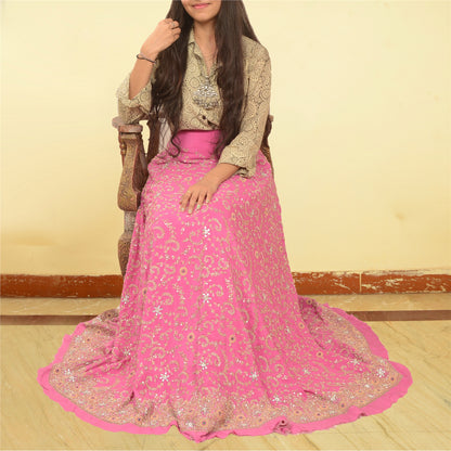 Sanskriti Vintage Pink Long Skirt Pure Silk Hand Beaded Zardozi Unstitch Lehenga