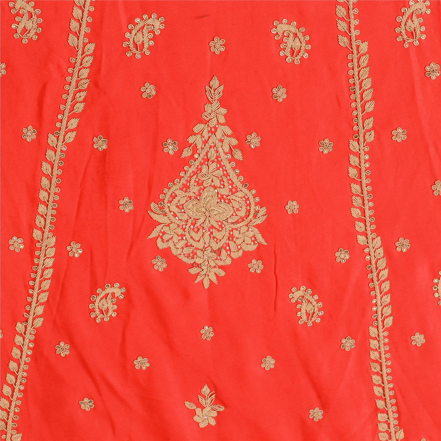 Sanskriti Vintage Red Long Skirt Pure Satin Silk Hand Beaded Unstitched Lehenga