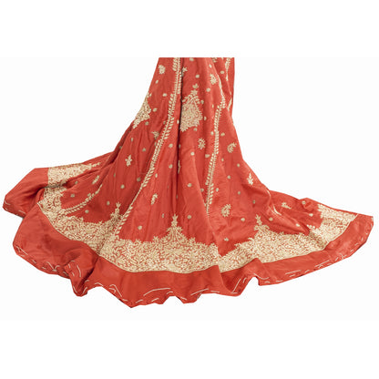 Sanskriti Vintage Red Long Skirt Pure Satin Silk Hand Beaded Unstitched Lehenga