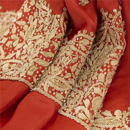 Sanskriti Vintage Red Long Skirt Pure Satin Silk Hand Beaded Unstitched Lehenga